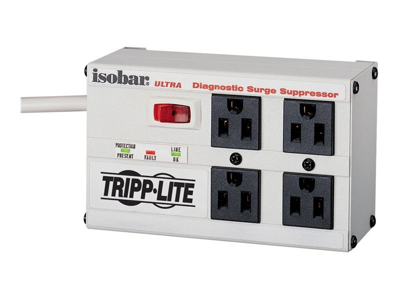 Isobar Surge Protector with Diagnostic LEDs, 4 AC Outlets, 6 ft Cord, 3,330 J, Light Gray